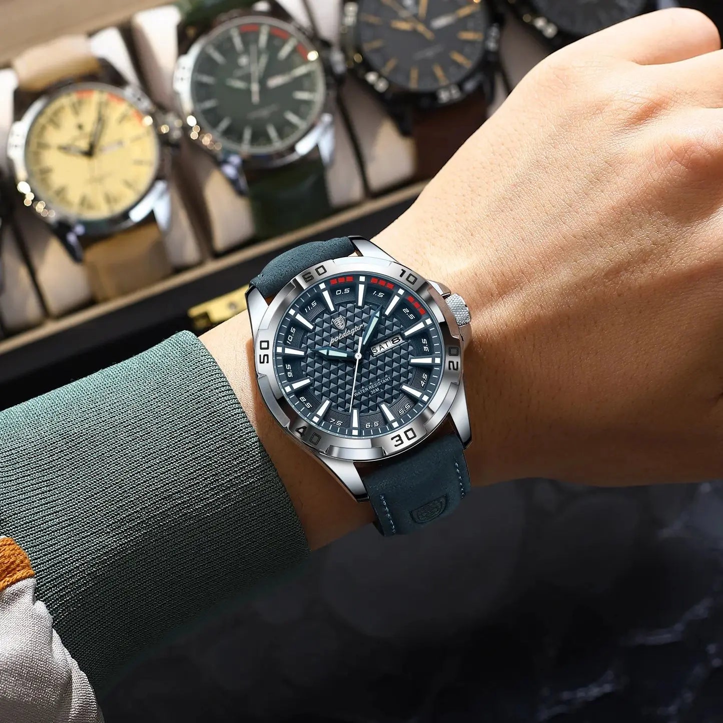 POEDAGAR Men’s Luxury Wristwatch – Waterproof Quartz Sport Watch with Luminous Hands, Date & Week Display, Leather Strap