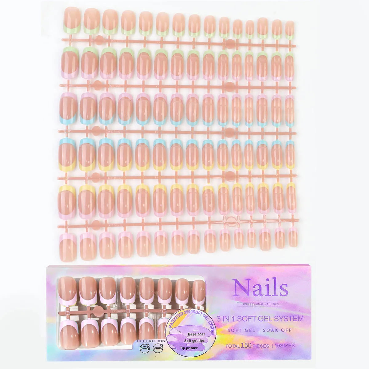 150pcs Fake Almond French Nails – Multi-Size Press-On Acrylic Nails in 6 Colors, Removable & Convenient
