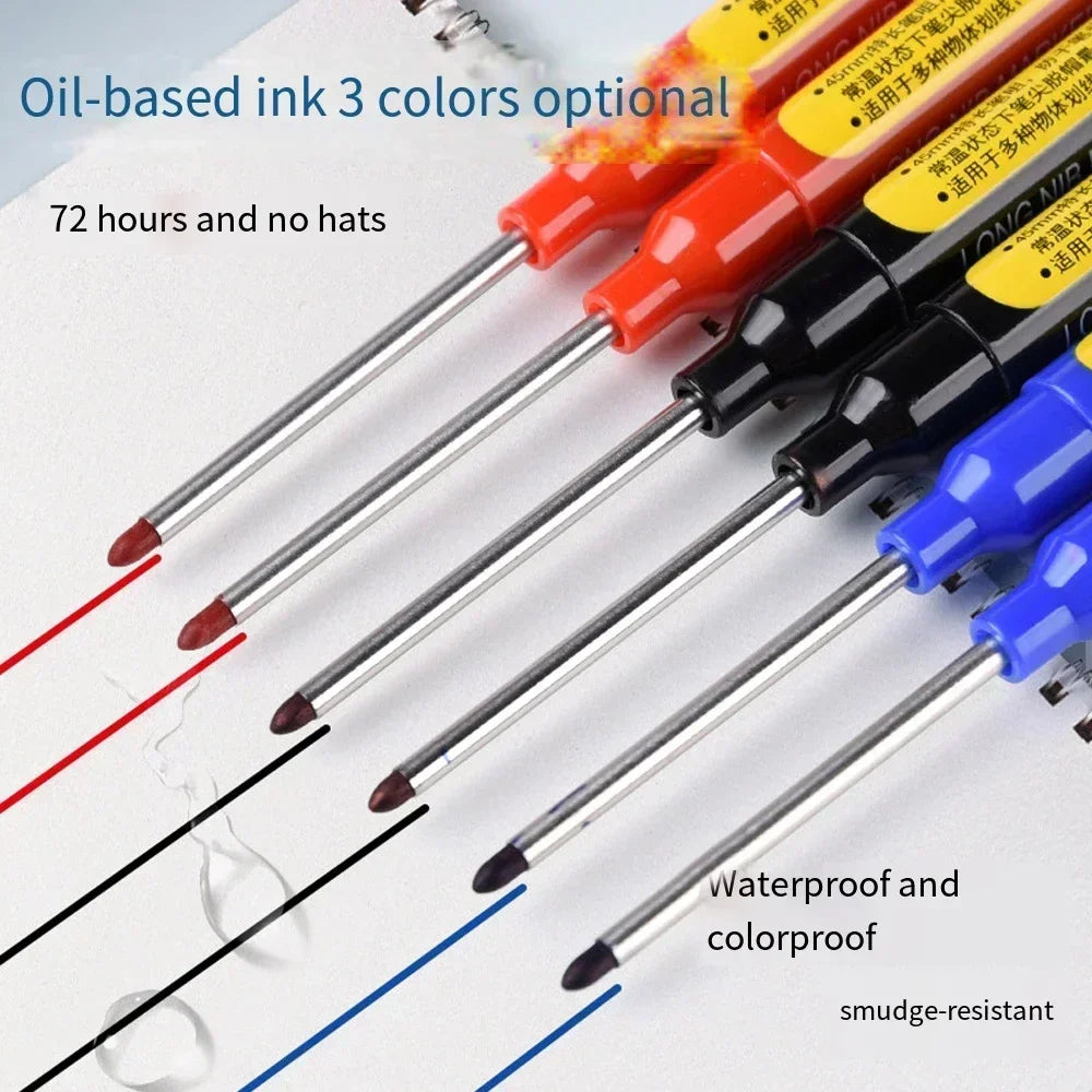 45mm Deep Hole Marker Pen - Waterproof Long Nib Carpenter Pen for Woodworking, Black/Blue/Red Ink