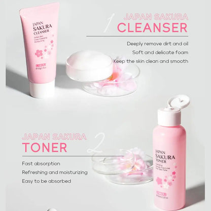 6PCS Sakura Skincare Set – Face Cream, Serum, Toner, Cleanser, Sunscreen & Eye Cream in Gift Box