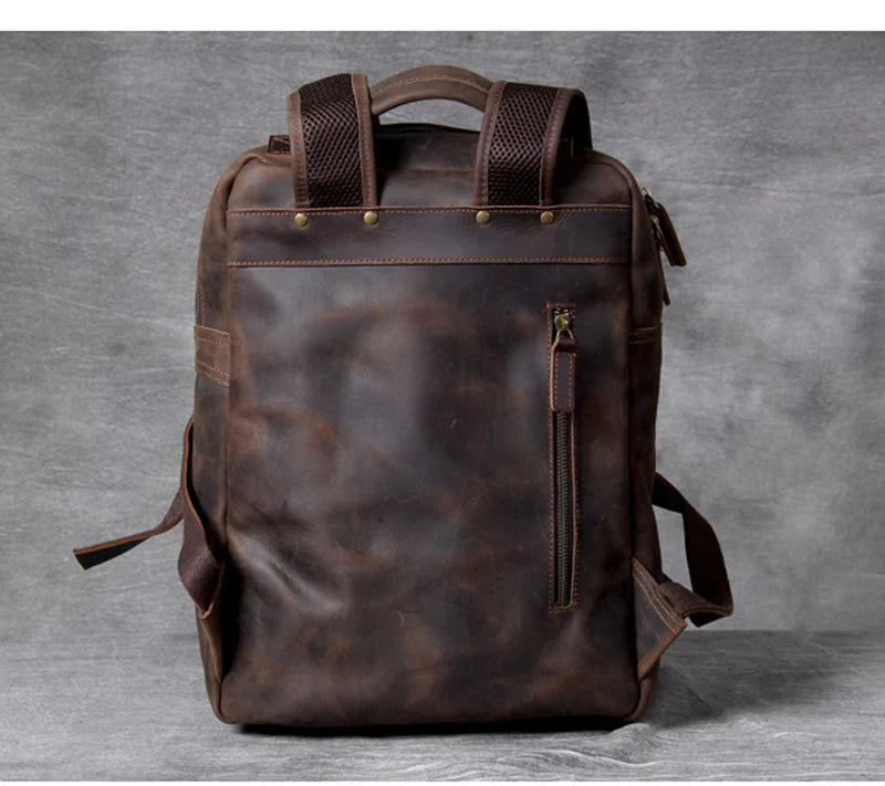 Vintage Crazy Horse Leather Backpack for Men — 17" Laptop Travel Rucksack Cowhide Hiking Bag M815