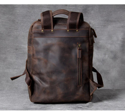 Vintage Crazy Horse Leather Backpack for Men — 17" Laptop Travel Rucksack Cowhide Hiking Bag M815