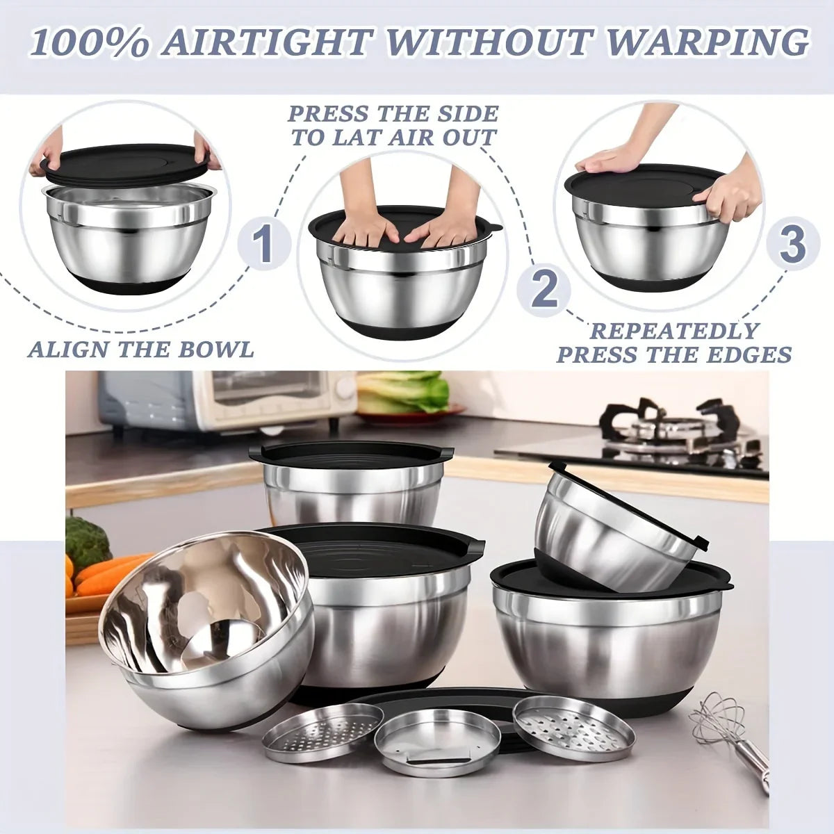 8PCS Stainless Steel Mixing Bowl Set – Airtight Lids, Non-Slip Bottoms, Black Kitchen Bowls for Baking & Serving