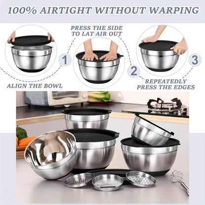 8PCS Stainless Steel Mixing Bowl Set – Airtight Lids, Non-Slip Bottoms, Black Kitchen Bowls for Baking & Serving