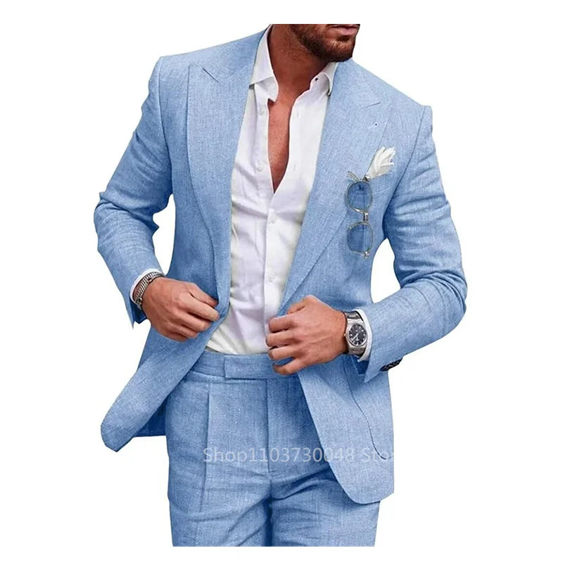 Men’s Linen Wedding Suit — Light Blue/Beige Casual Slim Fit Blazer & Pants, High-Quality Summer Two-Piece Set