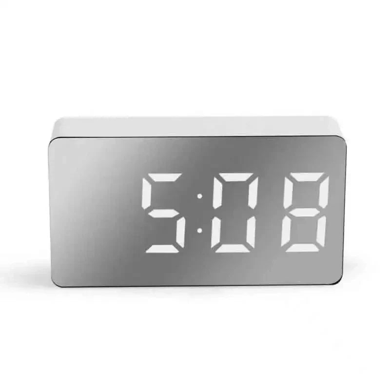 White LED Mirror Alarm Clock – USB Desktop Clock with Time Display, Snooze & Night Light for Home Decor