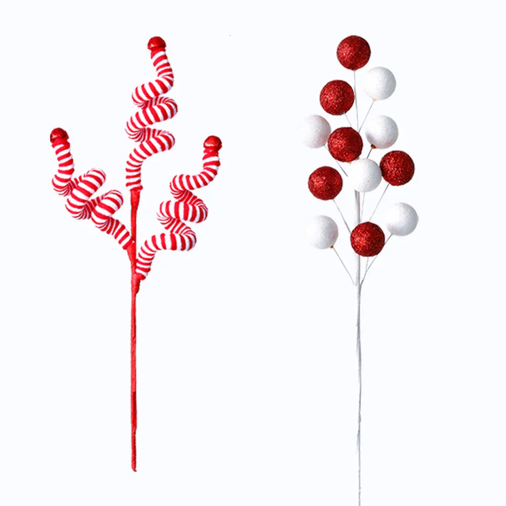 1/2PCS Red & White Woolen Bells – Candy Cane Branches for Xmas Tree, DIY Crafts, Vase & Wreath Christmas Decorations