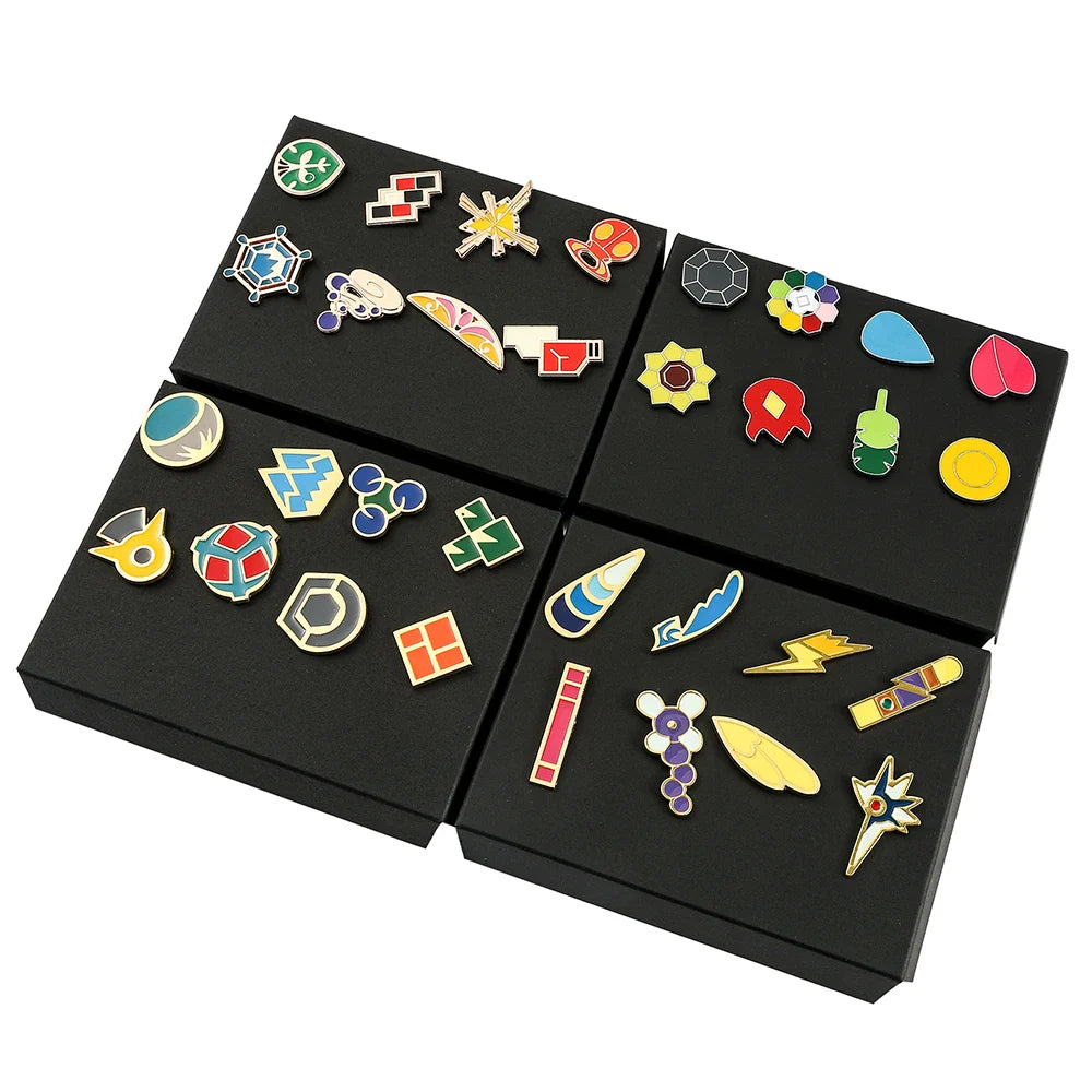 Pokémon Gym Badges Box Set – Kanto, Johto, Hoenn, Sinnoh, Unova, Kalos & Orange Islands Region Pins and Brooches