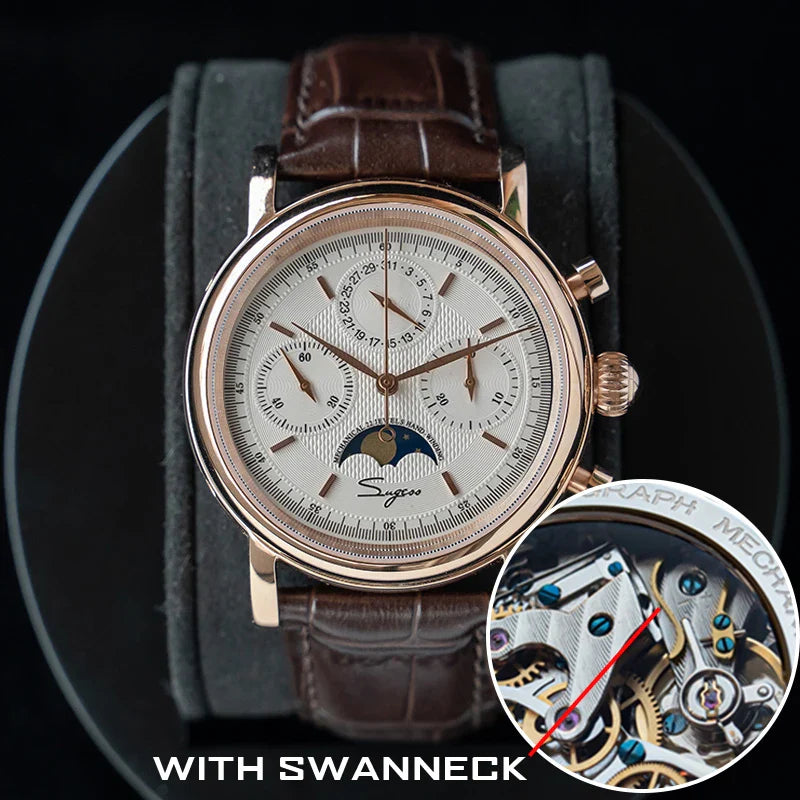 Sugess ST1908 Mechanical Chronograph Watch for Men – Swan Neck Movement, Moonphase Calendar, Vintage Leather Strap, 2023 Model