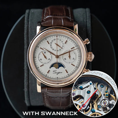 Sugess ST1908 Mechanical Chronograph Watch for Men – Swan Neck Movement, Moonphase Calendar, Vintage Leather Strap, 2023 Model