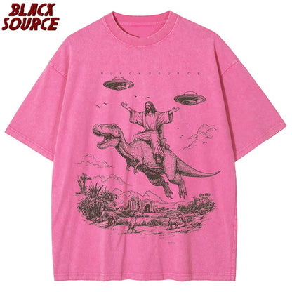 Cartoon Dinosaur Print T-Shirt - Vintage Washed Distressed Unisex Fashion Tee for Women Students and Casual Wear
