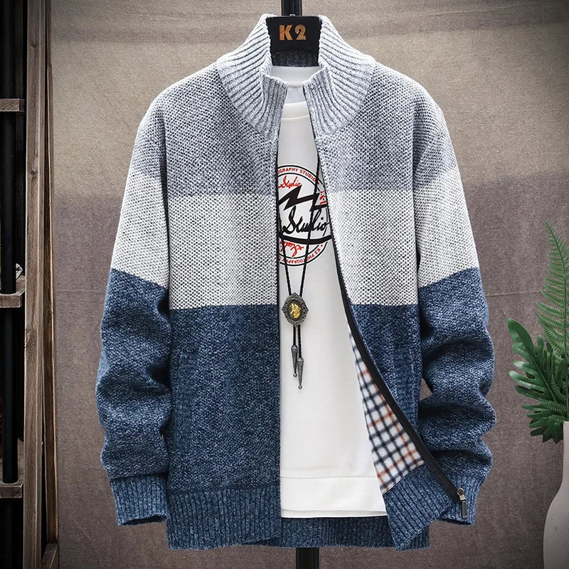 Men's Autumn Winter Fleece Cardigan Sweater - Zipper Velvet Contrast Stripe Casual Warm Jacket Coat