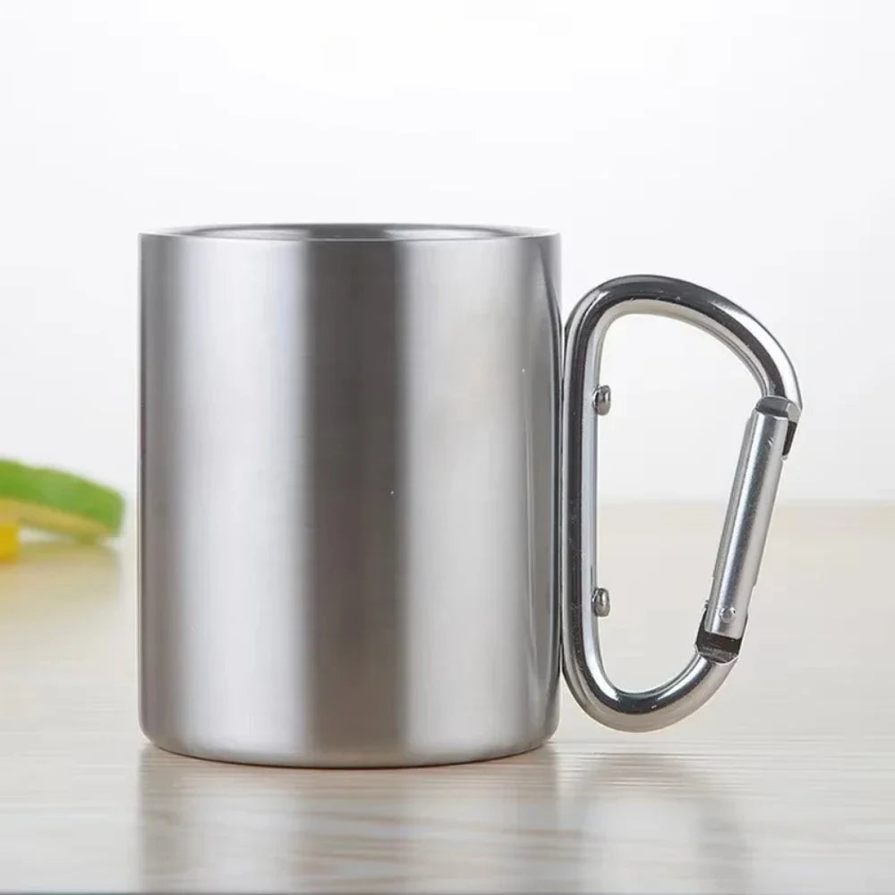 Stainless Steel Camping Mug with Carabiner Handle – Portable Outdoor Travel Water Cup for Hiking, Picnic & Adventure Use