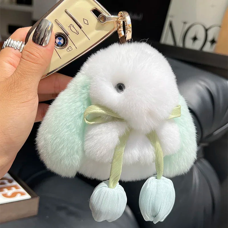 Cute Real Rex Rabbit Fur Keychain – Mini Bunny Pendant Bag Charm & Car Key Ring Plush Toy Gift for Women