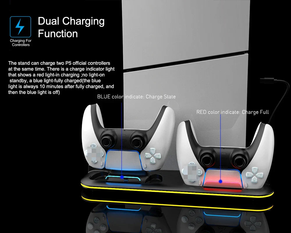RGB Turbo Cooling & Charging Station for PS5 — 3-Level Fan with Controller & Headset Holder | Digital & Disc Edition