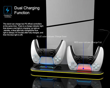 RGB Turbo Cooling & Charging Station for PS5 — 3-Level Fan with Controller & Headset Holder | Digital & Disc Edition