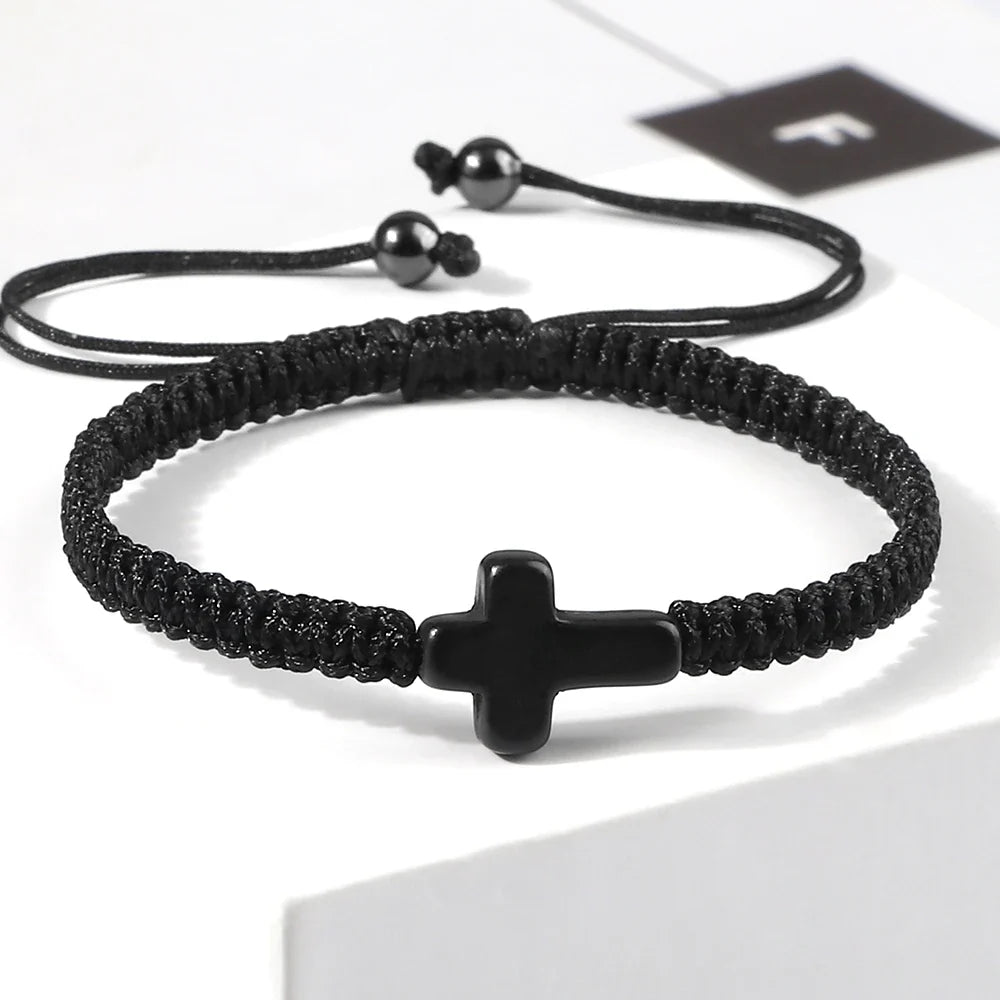 Hand Woven Jesus Cross Bracelet - Red & Black Braided Thread Lucky Couple Jewelry Gift for Men & Women
