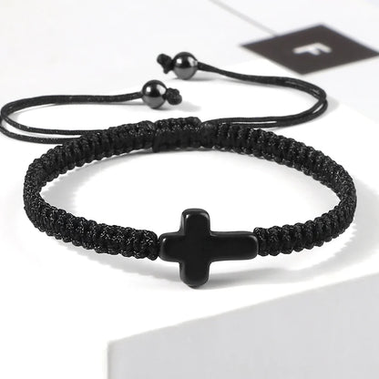 Hand Woven Jesus Cross Bracelet - Red & Black Braided Thread Lucky Couple Jewelry Gift for Men & Women