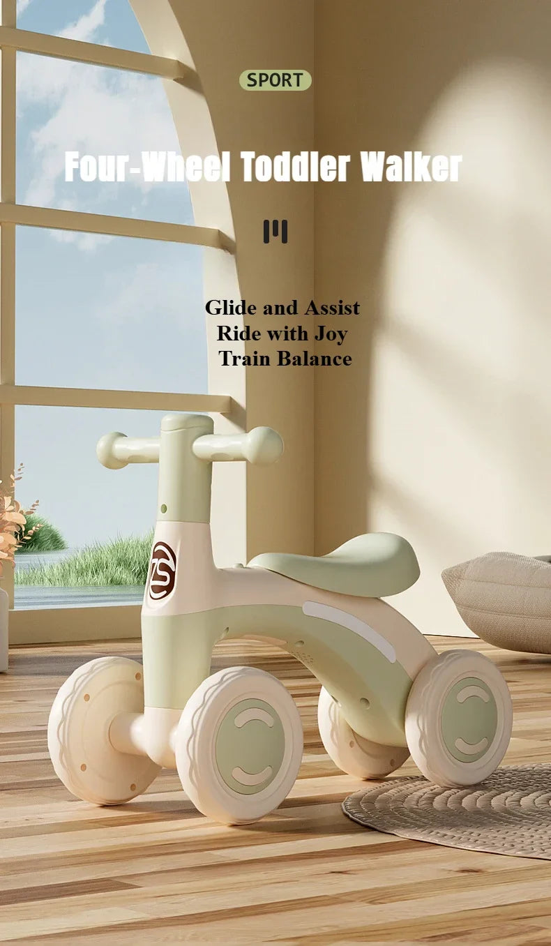 Anti-Tip Baby Balance Bike — 4-Wheel Silent Glider Walker for Ages 1-3, Toddler Training Ride-On with Safety Wheels for Indoor & Outdoor Use