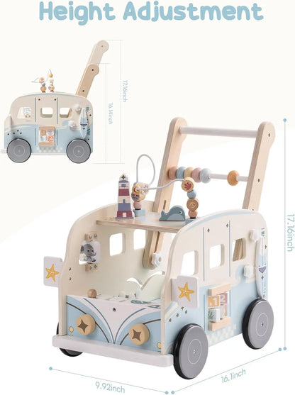 Robotime Robud Wooden Baby Walker – Multifunctional Push-Along Activity Walker with Wheels, Gift for Boys & Girls