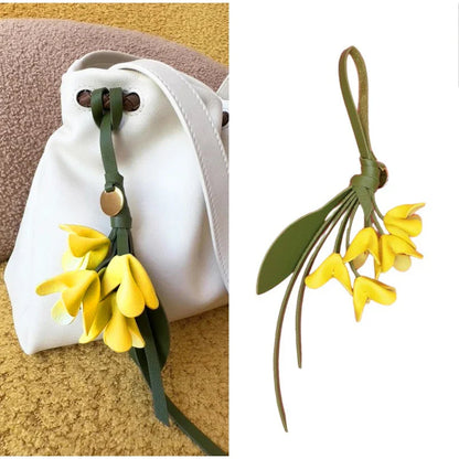 Genuine Leather Flower Bag Pendant Keychain – Original Handmade Osmanthus & Tulip Design, Exquisite Floral Charm for Bags & Accessories