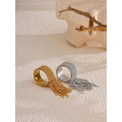 Yhpup Adjustable Stainless Steel Tassel Chain Finger Ring – 18K PVD Gold Plated Statement Charm Jewelry for Women