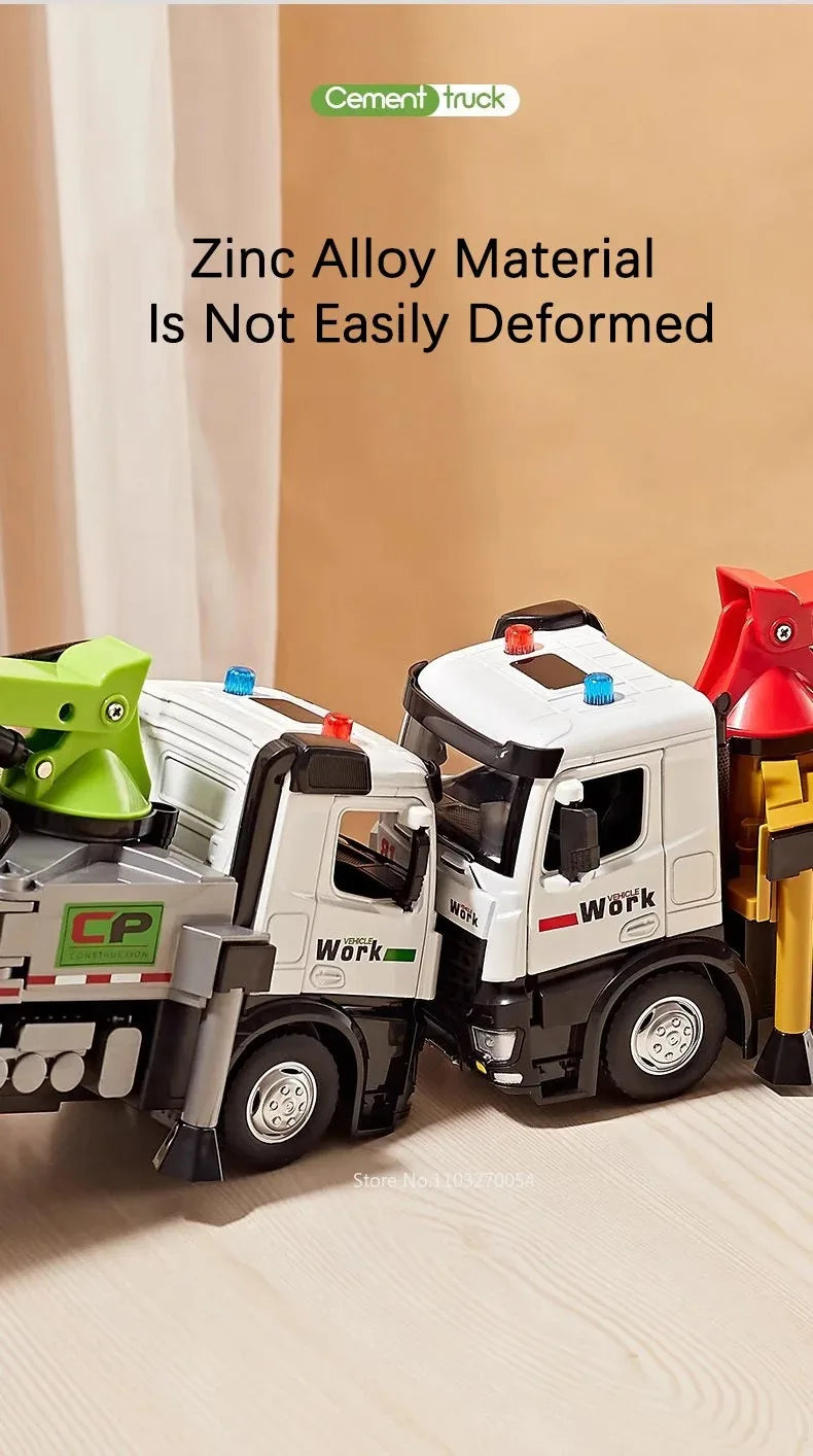 1:24 Electric Flatbed Cement Pump Truck Model — Diecast Alloy Toy with Sound & Light, Doors Open, Gift for Boys