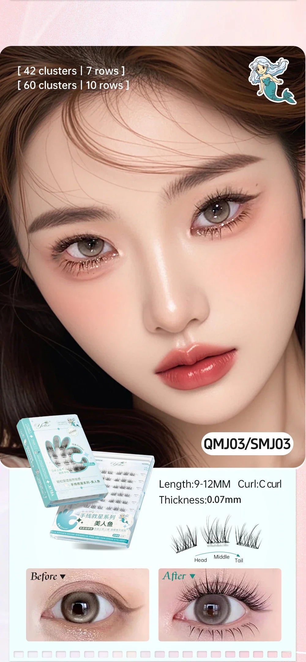 Yelix Self-Adhesive False Eyelashes — Reusable DIY Cluster Lashes, Glue-Free, Natural Soft