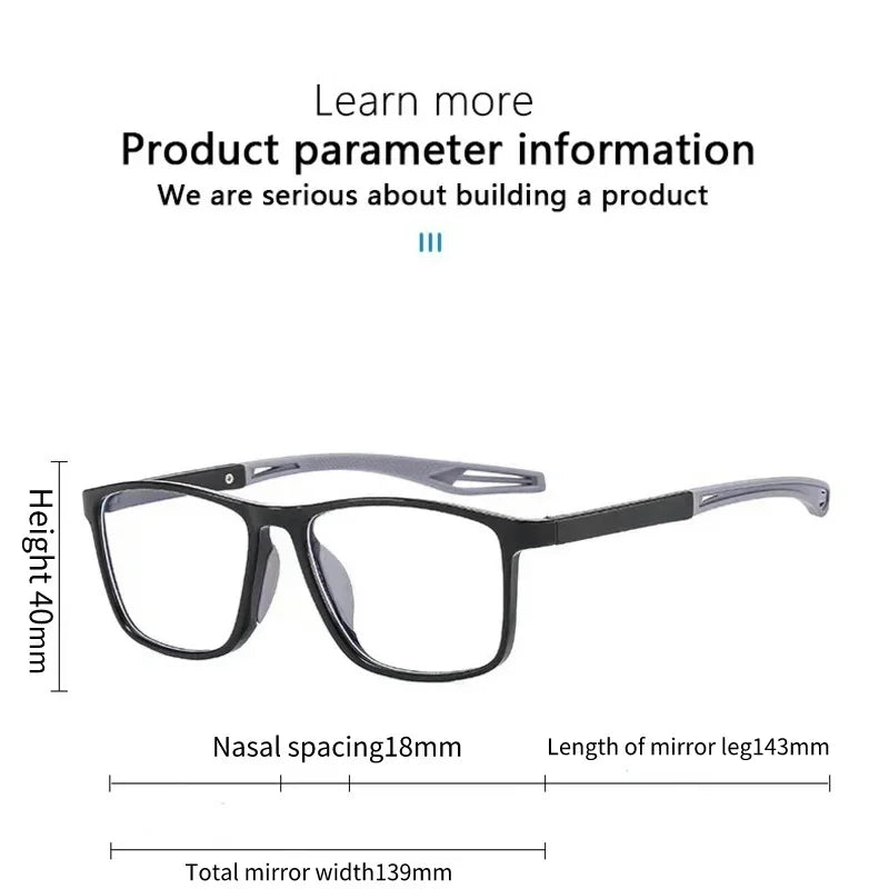 Unisex Ultralight Silicone TR90 Sports Reading Glasses – Blue Light Blocking High-Definition Square Prescription Eyewear