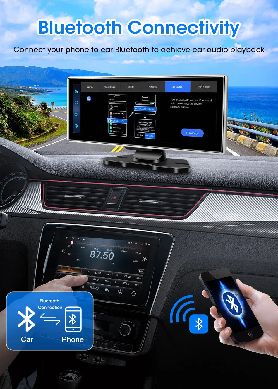 11.26-inch 4K Car DVR Dash Cam – Dual Lens Wireless CarPlay & Android Auto, GPS Navigation, 5G WiFi, FM, AUX Video Recorder Monitor