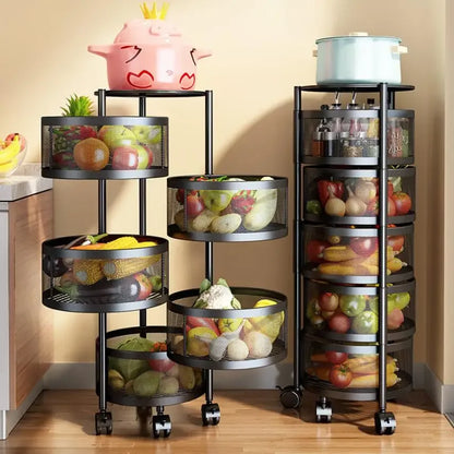 5 Layer Stainless Steel Rotating Shelf - Kitchen & Bathroom Storage Baskets, Fruit & Vegetable Rack with Wheels