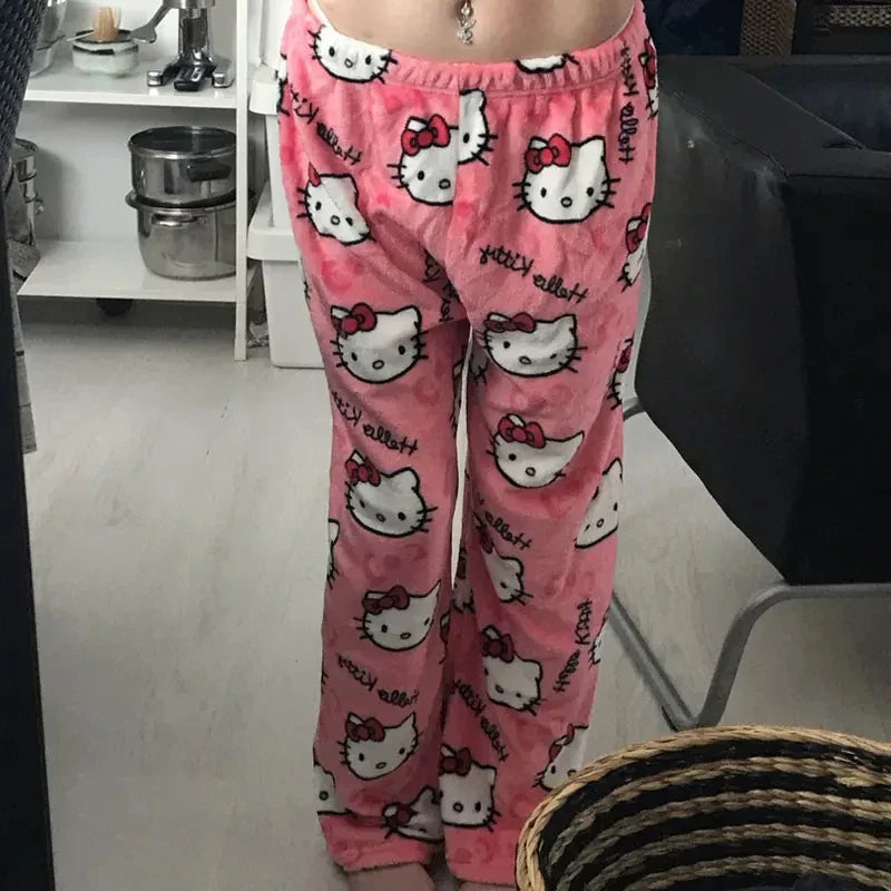 Y2K Hello Kitty Sanrio Pajama Pants – Women’s Anime Cartoon Sleepwear, Cozy Couple Home Trousers