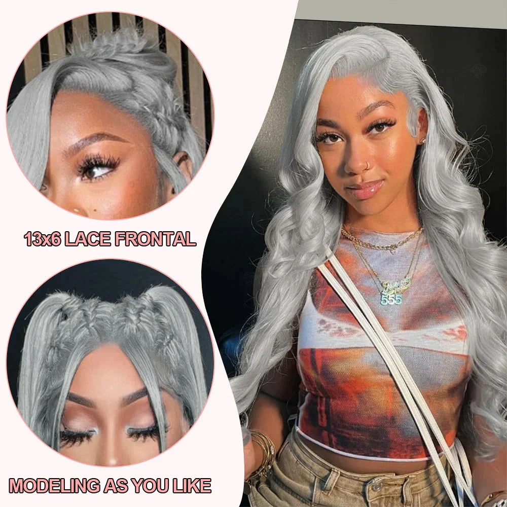 13x6 Silver Grey Body Wave Lace Front Wig – 100% Human Hair, Preplucked 13x4 Lace Frontal Brazilian Wig, 36 Inch