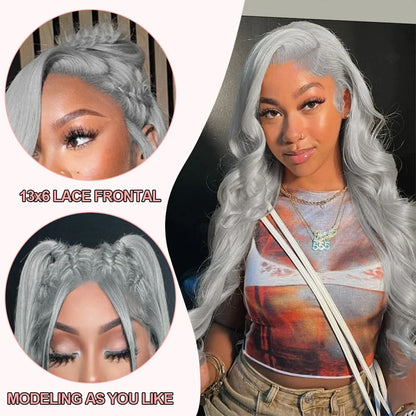 13x6 Silver Grey Body Wave Lace Front Wig – 100% Human Hair, Preplucked 13x4 Lace Frontal Brazilian Wig, 36 Inch