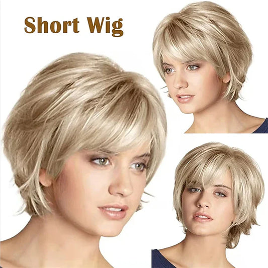 HAIRJOY Short Blonde Wig with Bangs – Blonde and Brown Mix Synthetic Fluffy Wig for Women