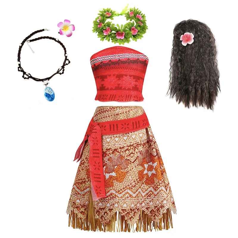 Disney Moana Princess Dress Costume Set - Kids Girls Vaiana Cosplay with Headwear, Necklace & Pet Accessories