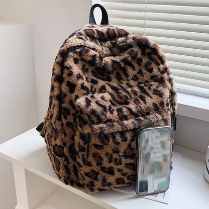 Women's Leopard Plush Backpack - Large Capacity Multi-Pocket Commuter Bag