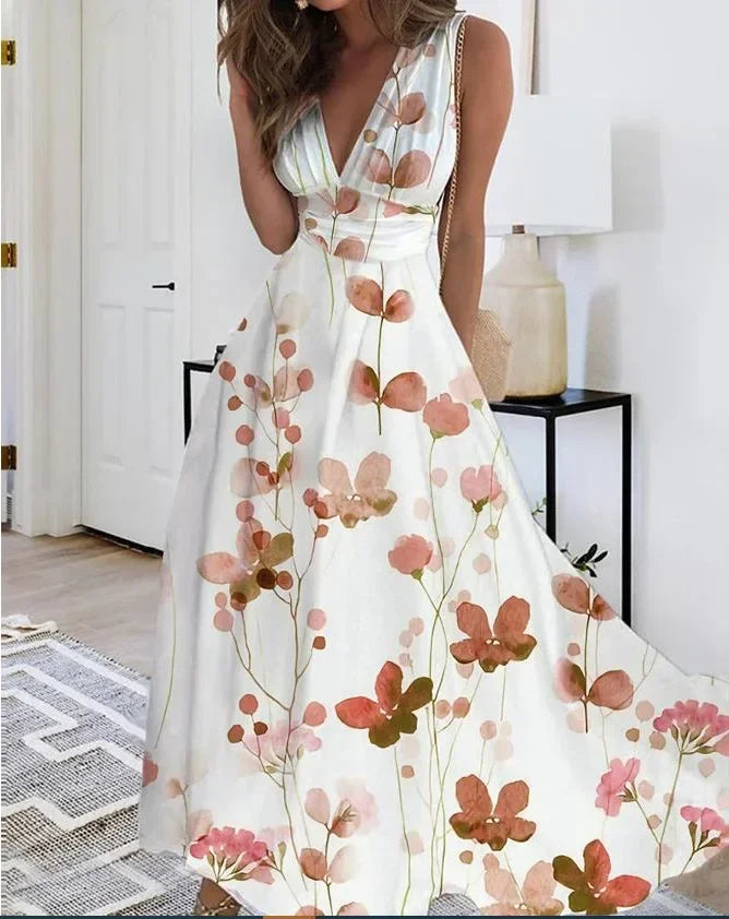 Women's Summer V Neck Maxi Dress - Sleeveless High Waist Elegant Print Dress for Office & Holiday Wear
