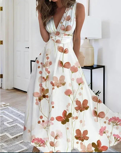 Women's Summer V Neck Maxi Dress - Sleeveless High Waist Elegant Print Dress for Office & Holiday Wear