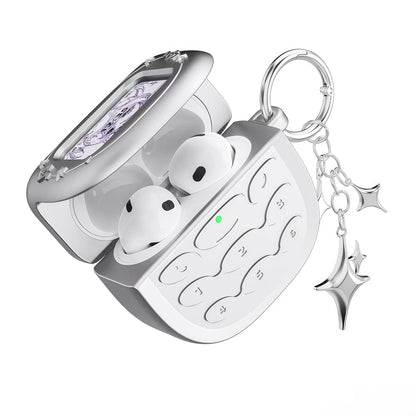 Retro Flip Phone AirPods Case - Y2K Matte Silver Earbuds Cover with Pendant Charm