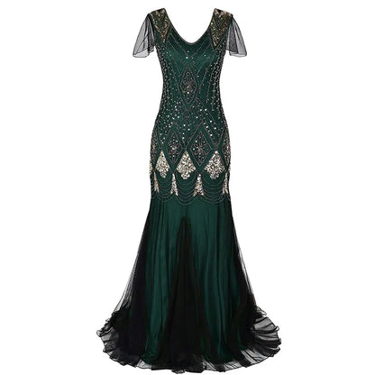 Women’s 1920s Great Gatsby Flapper Dress – Vintage V-Neck Sequin & Bead Long Mesh Maxi Party Prom Gown