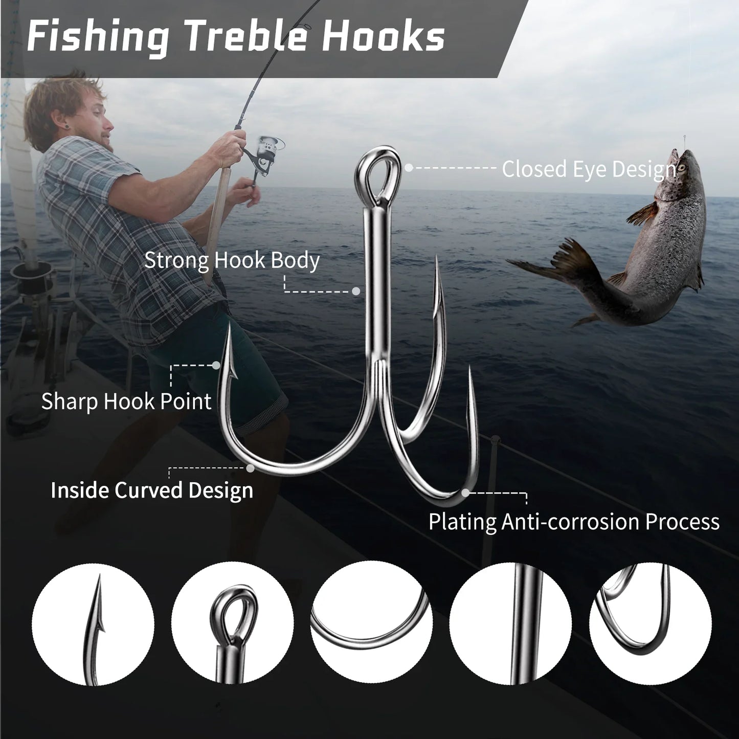 9KM High Carbon Steel Treble Fishing Hooks – Barbed Triple Hooks for Hard Lures & Saltwater Fishing