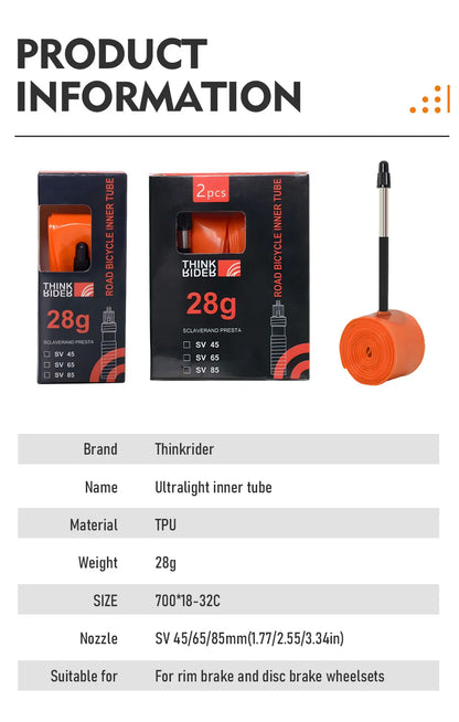 ThinkRider 28g Ultralight Bike Inner Tube — 700x18/25/28 TPU Road Bicycle Tire with 45/65/85mm French Valve