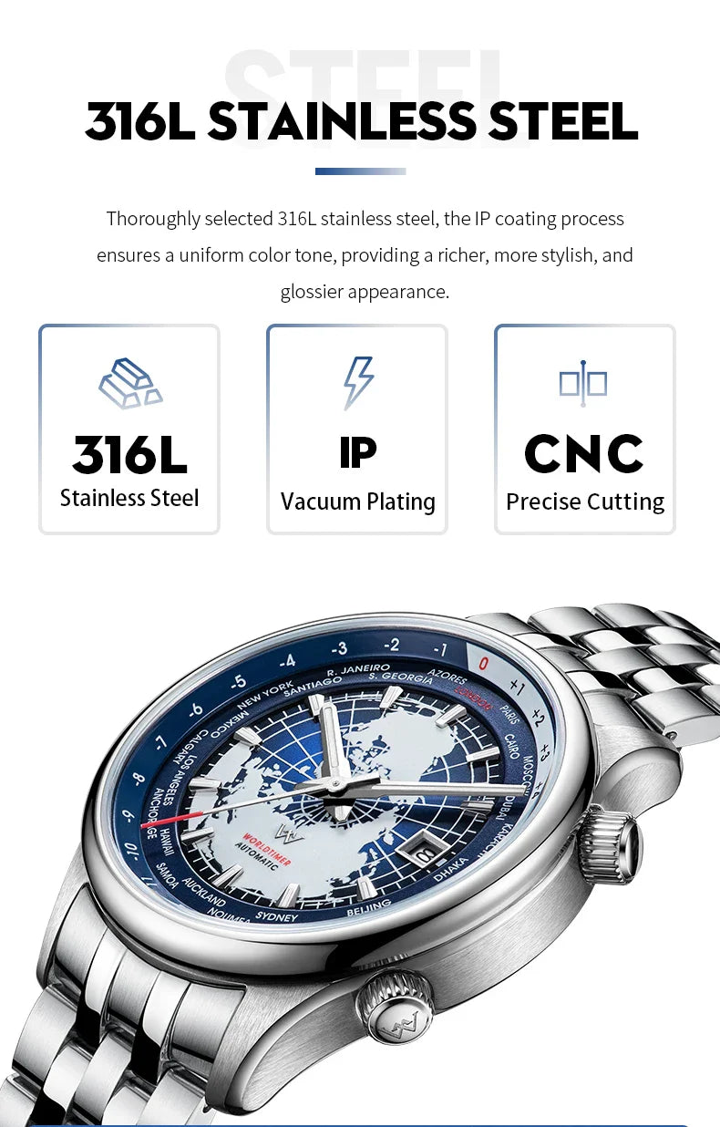 WM Welly Merck Automatic Mechanical Men’s Watch — High-Quality Sapphire, World Time, WM057 Luxury Timepiece