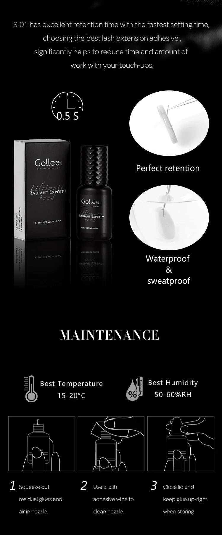 Gollee 0.5–1s Fast-Drying Eyelash Extension Glue – No Odor, No Irritation Adhesive for Lash Extensions, Professional Makeup Supplies