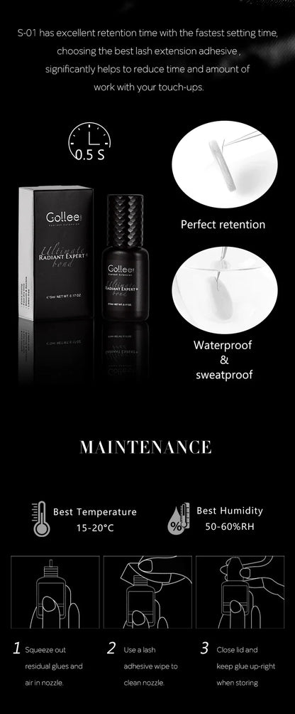 Gollee 0.5–1s Fast-Drying Eyelash Extension Glue – No Odor, No Irritation Adhesive for Lash Extensions, Professional Makeup Supplies