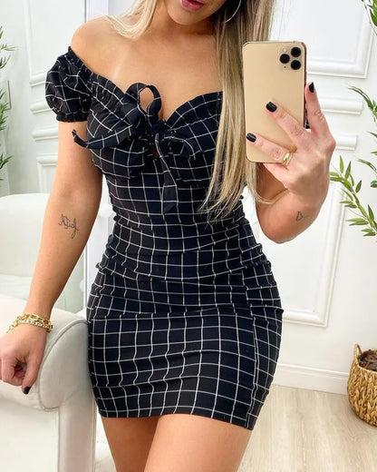 Summer Sexy Package Buttocks Dress - Cross-Border Grid Print Short Skirt