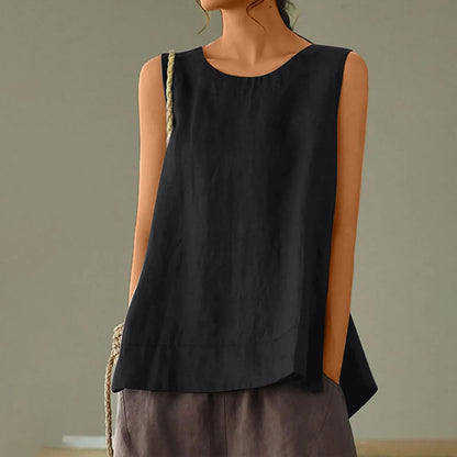Women’s Summer Oversized Linen Vest Top - Retro Solid Color Sleeveless Round Neck Casual Breathable Shirt