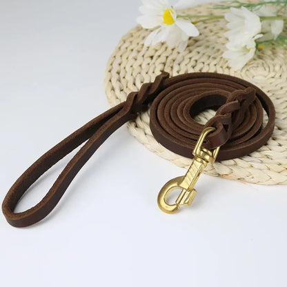 Genuine Leather Dog Leash – Braided Walking & Training Lead for Medium & Large Dogs, Brown & Black