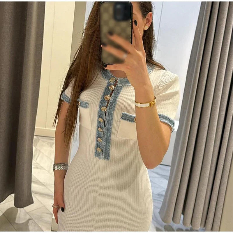 Elegant Denim Patchwork Knitted Long Dress – Women’s V-Neck Short Sleeve Bodycon with Buttons & Pockets